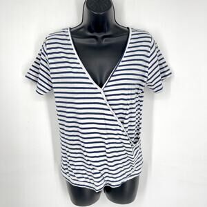 Monrow Striped Wrap Front V-Neck T-Shirt Top Sz XS Navy Blue White Short Sleeve